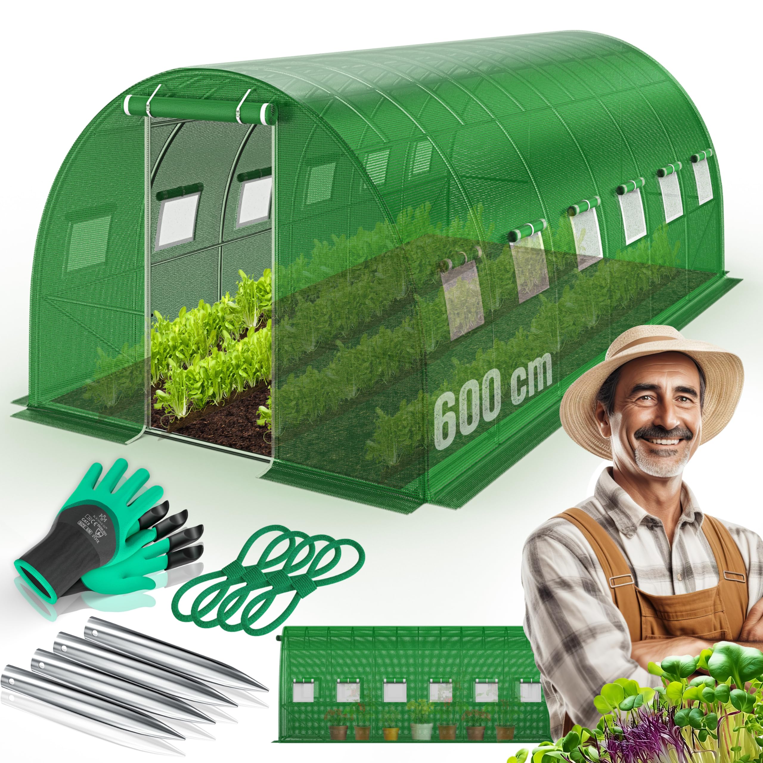 KESSER® Stable film greenhouse with 6 windows with mosquito net and door, garden tunnel with galvanised steel frame, 170 g/m² film tunnel with ground anchors, gloves and ropes, 200 x