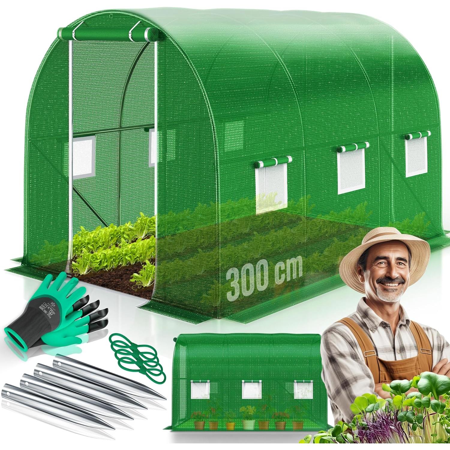 KESSER® Stable film greenhouse with 6 windows with mosquito net and door, garden tunnel with galvanised steel frame, 170 g/m² film tunnel with ground anchors, gloves and ropes, 200 x