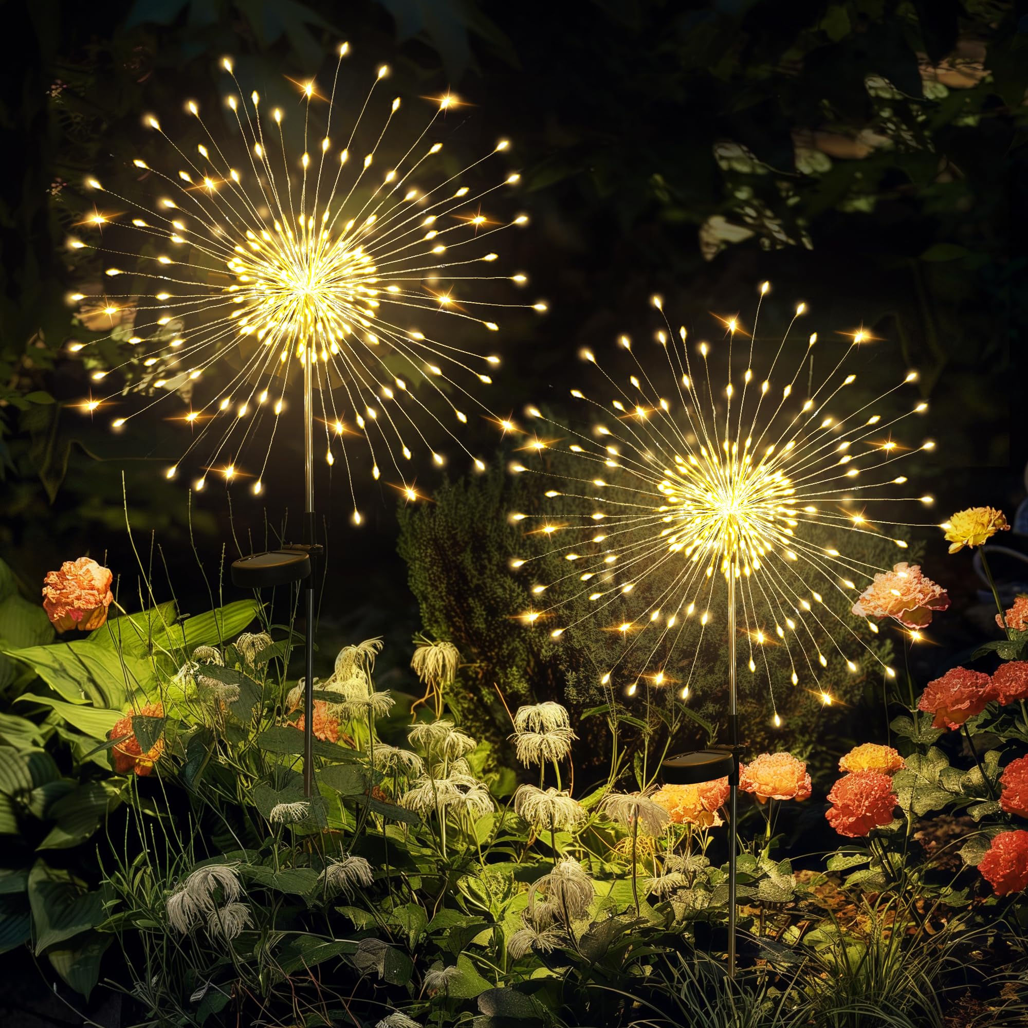 GIGALUMI Set of 4 Solar Outdoor Garden Lights, 120 LED Solar Fireworks, Waterproof Solar Dandelion Lamp for Yard, Lawn, Party, Patio, Wedding Decoration (Warm White)