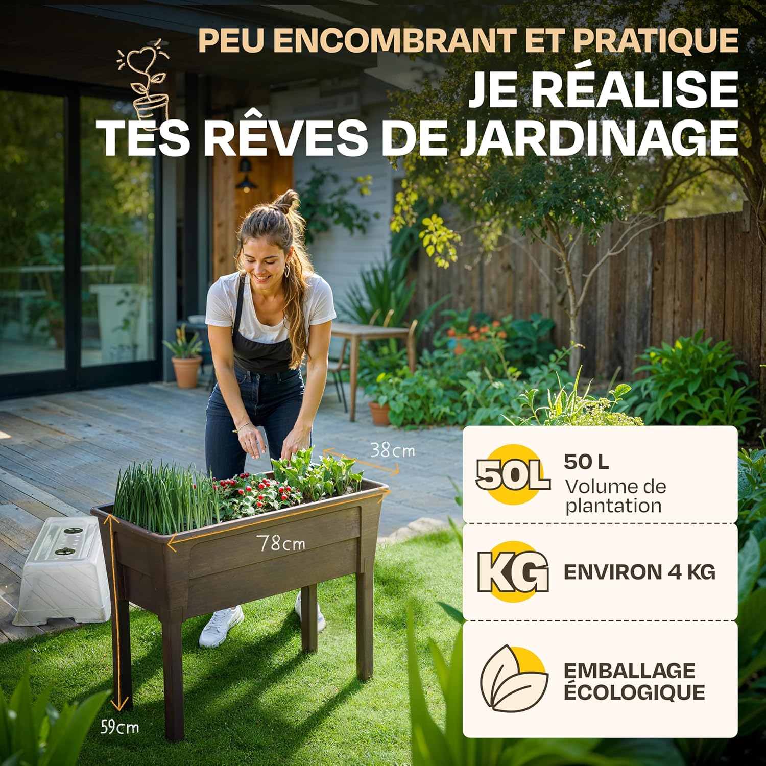 Ondis24 Victoria Balcony Garden Planter with Greenhouse, 50 L Volume, Water Tank, Drip Irrigation, Removable Feet, Suitable for Outdoor Use (Brown)