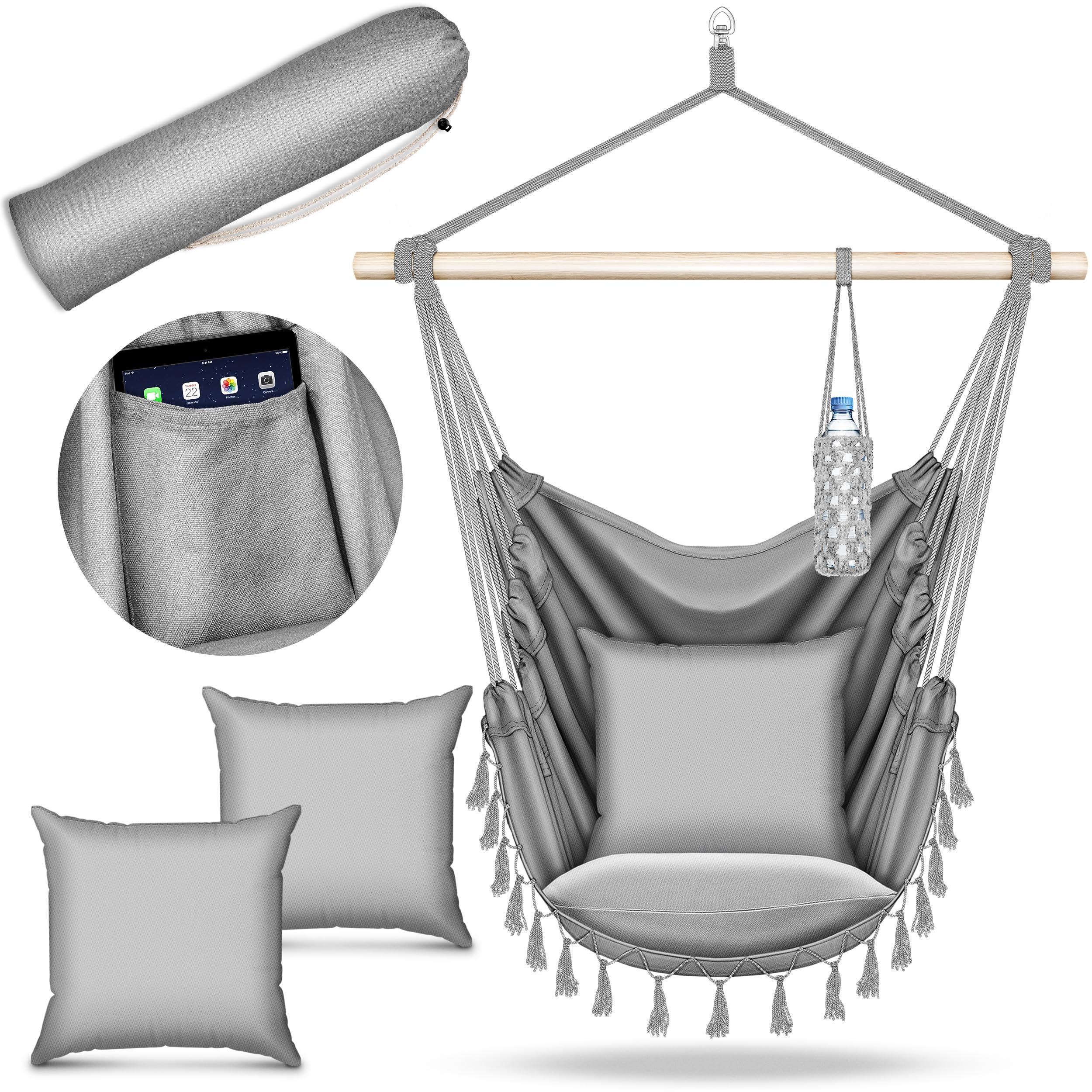 tillvex Hammock Hanging Chair 200 kg | Fringed Relax Chair - Indoor and Outdoor | Hammock with Comfortable Seat Cushions | Suspension Kit