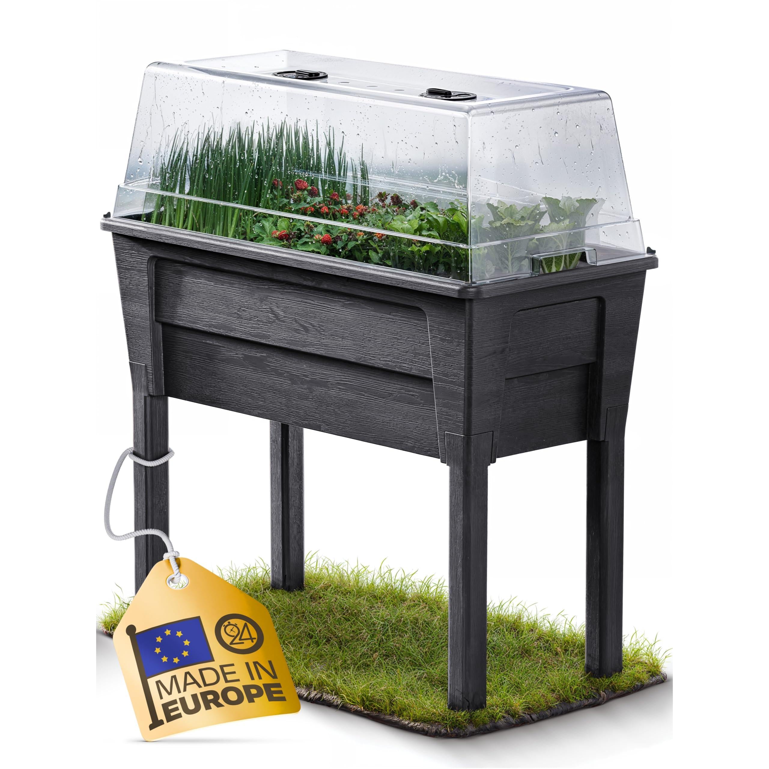 Ondis24 Victoria Balcony Garden Planter with Greenhouse, 50 L Volume, Water Tank, Drip Irrigation, Removable Feet, Suitable for Outdoor Use (Brown)