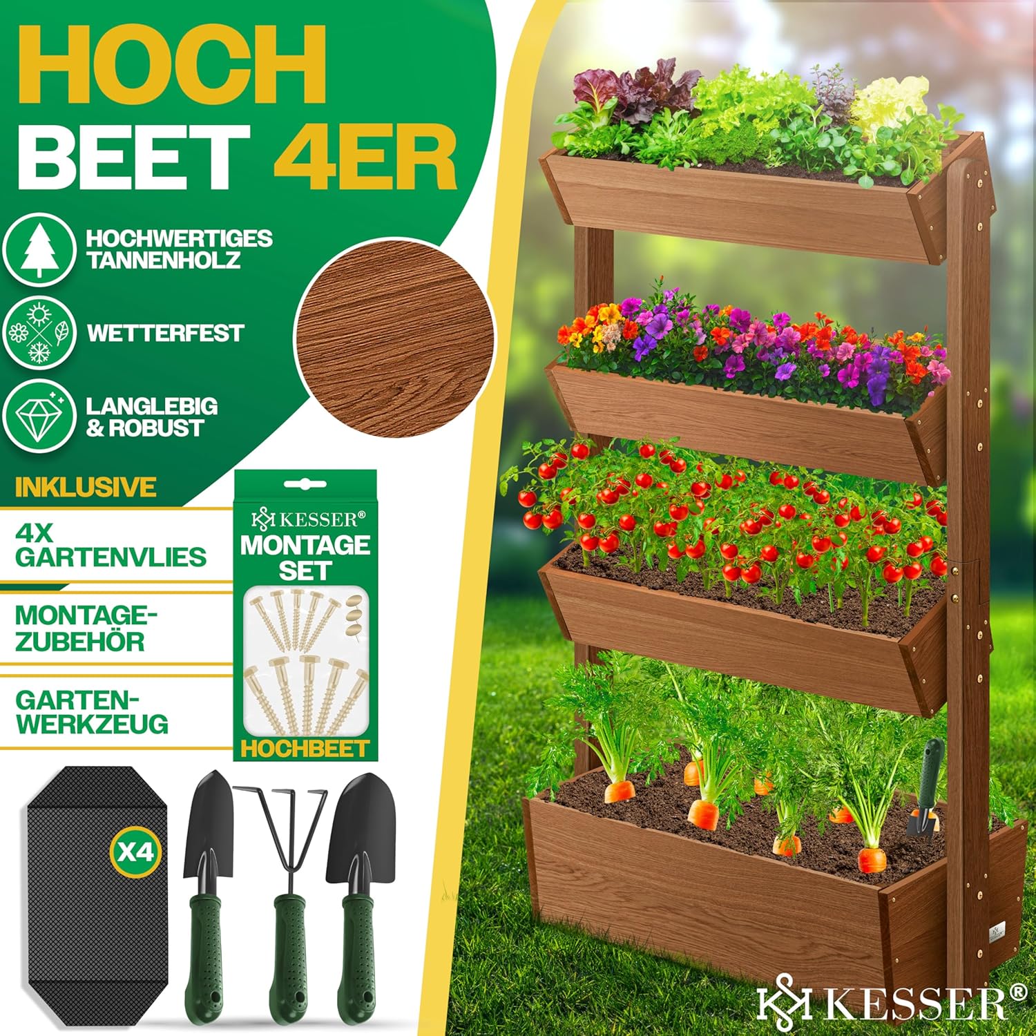 KESSER® Raised Bed with Tiers Premium Planter Staircase Shelf for Flowers Staircase Shelf for Planting - Vegetable Garden Herb Bed Pots Flower Bed (4 Floors, Brown)