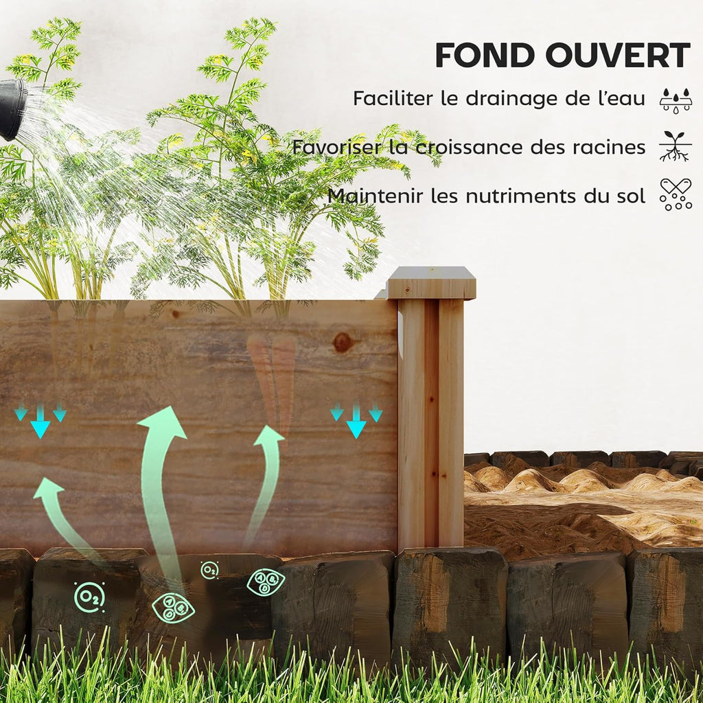 Outsunny Square Wooden Vegetable Garden 234 x 109 x 25 cm – Raised Garden Bed with 4 Growing Zones – Open Bottom Outdoor Planter with No Tools Assembly for Vegetables, Flowers, Light Brown