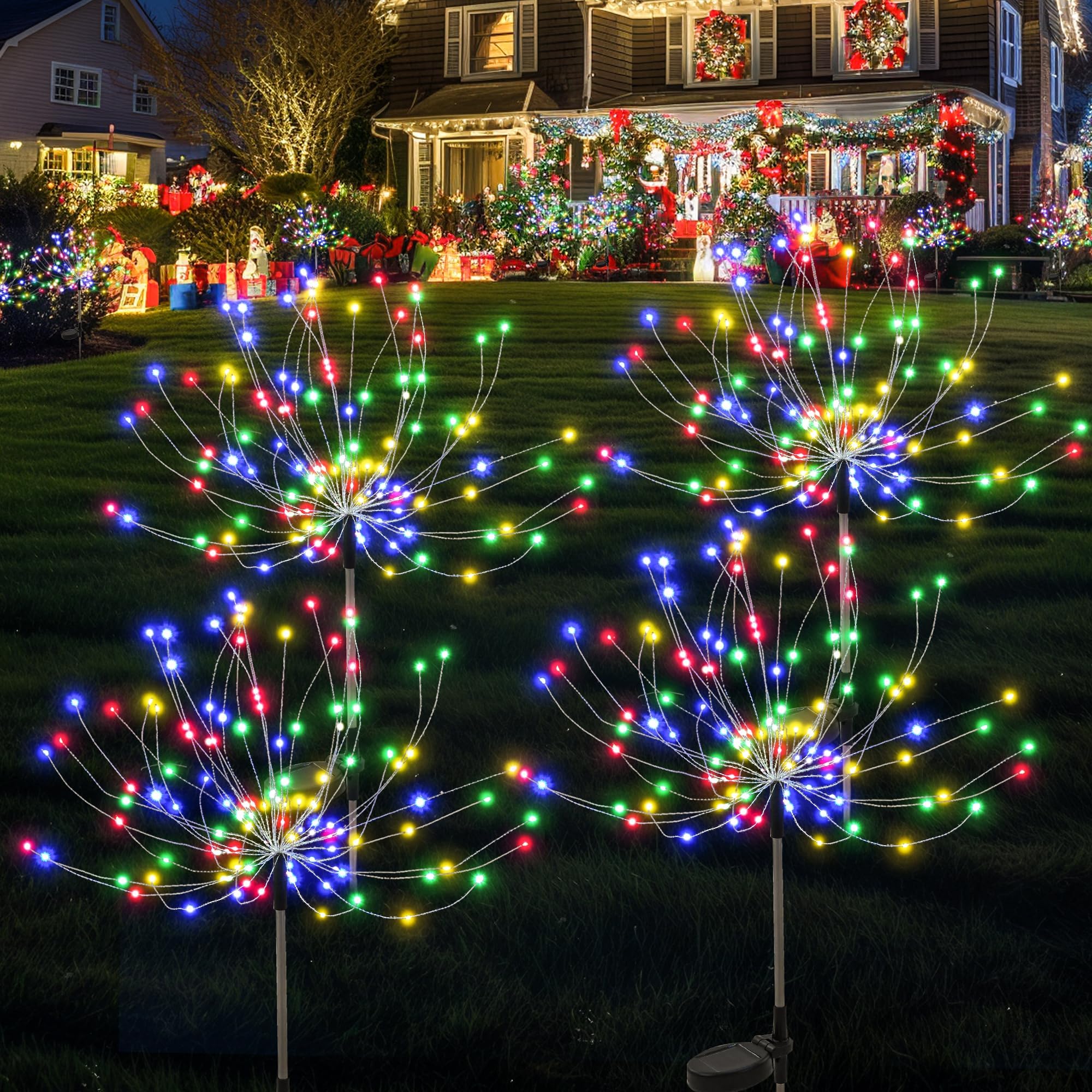 GIGALUMI Set of 4 Solar Outdoor Garden Lights, 120 LED Solar Fireworks, Waterproof Solar Dandelion Lamp for Yard, Lawn, Party, Patio, Wedding Decoration (Warm White)