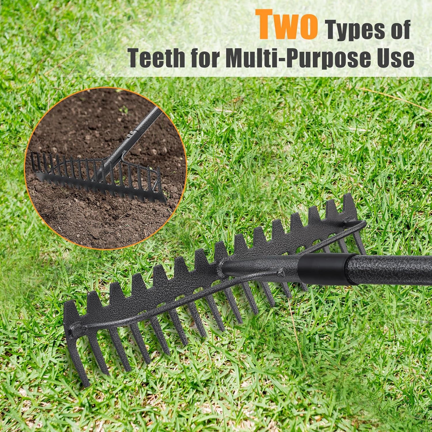 Bow Rake 17 Teeth Metal Rake Heavy Duty 4FT Garden Rake with Stainless Steel Handle, Grey