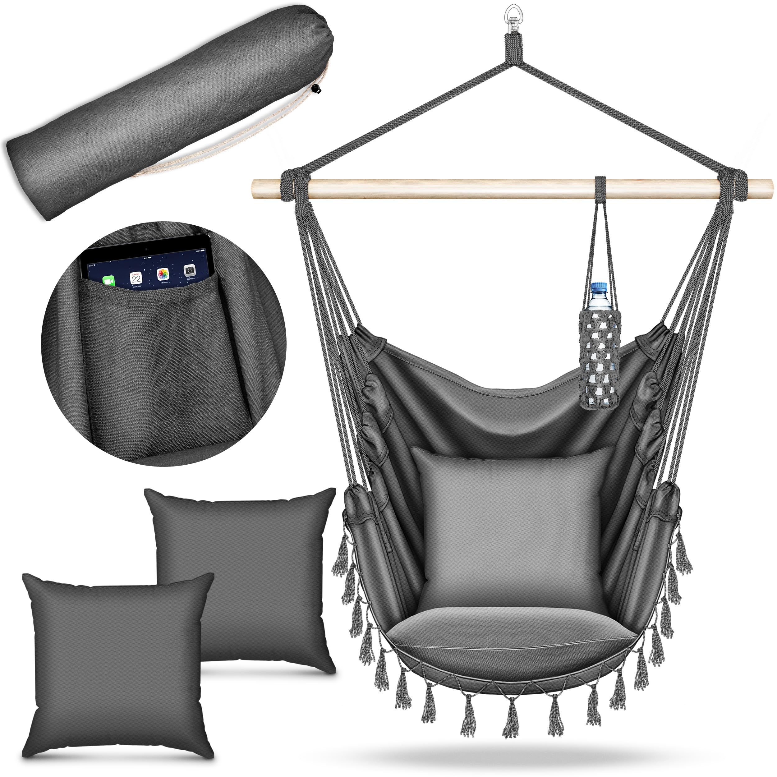 tillvex Hammock Hanging Chair 200 kg | Fringed Relax Chair - Indoor and Outdoor | Hammock with Comfortable Seat Cushions | Suspension Kit