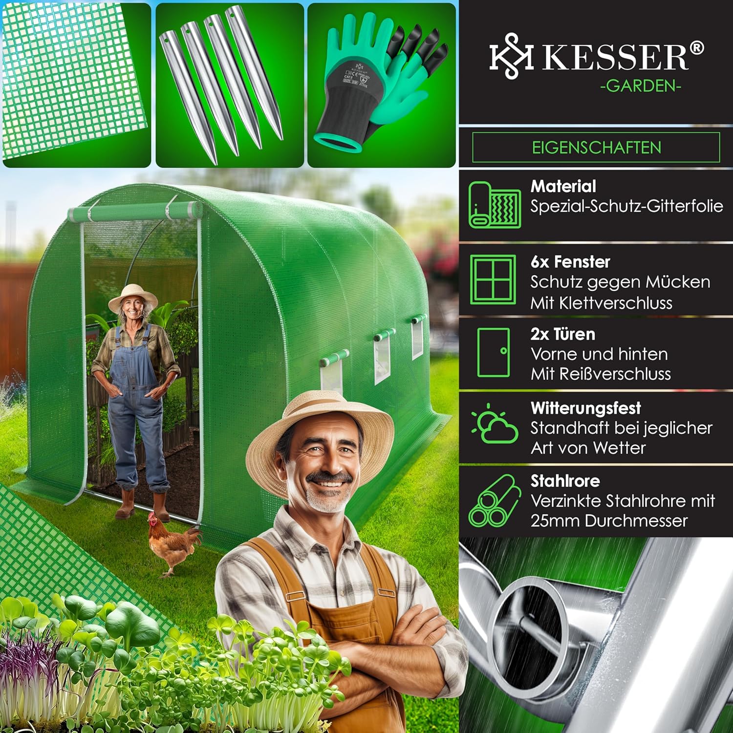 KESSER® Stable film greenhouse with 6 windows with mosquito net and door, garden tunnel with galvanised steel frame, 170 g/m² film tunnel with ground anchors, gloves and ropes, 200 x