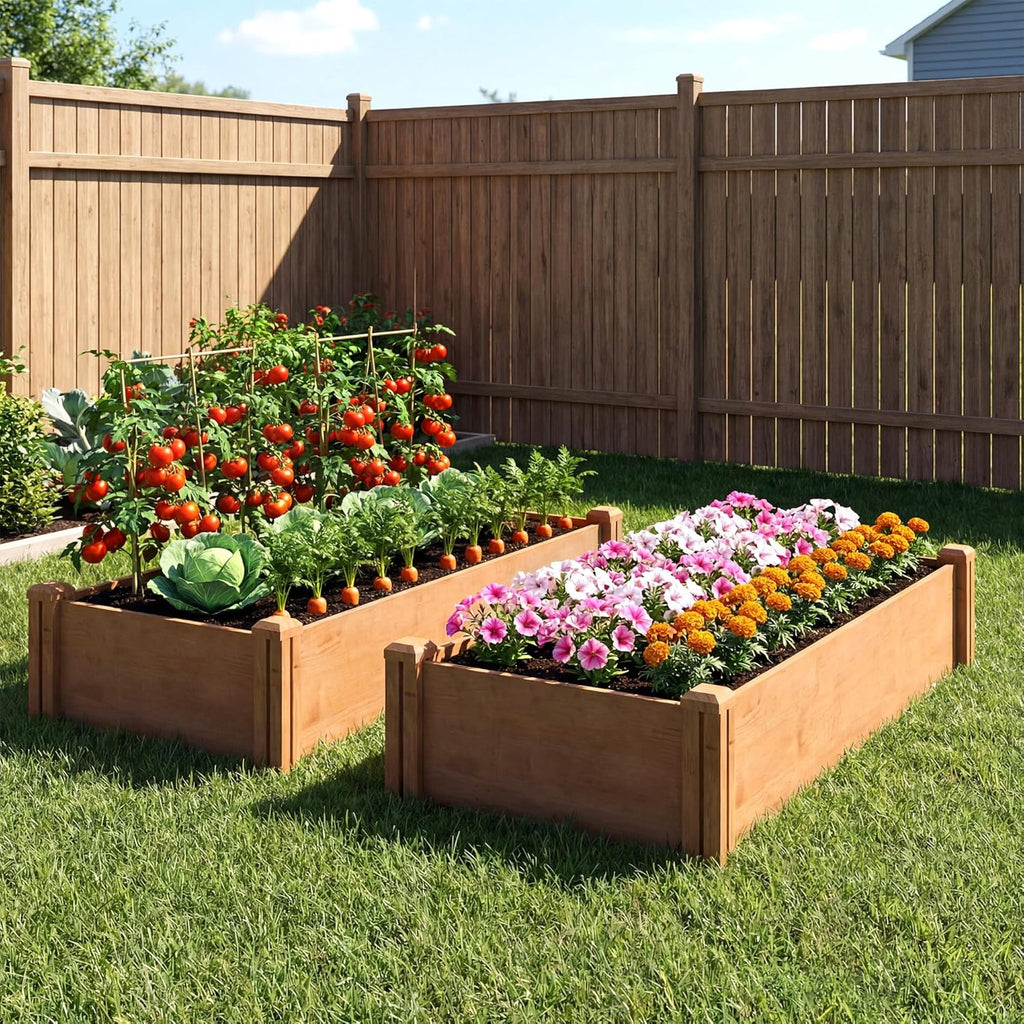 Outsunny Square Wooden Vegetable Garden 234 x 109 x 25 cm – Raised Garden Bed with 4 Growing Zones – Open Bottom Outdoor Planter with No Tools Assembly for Vegetables, Flowers, Light Brown