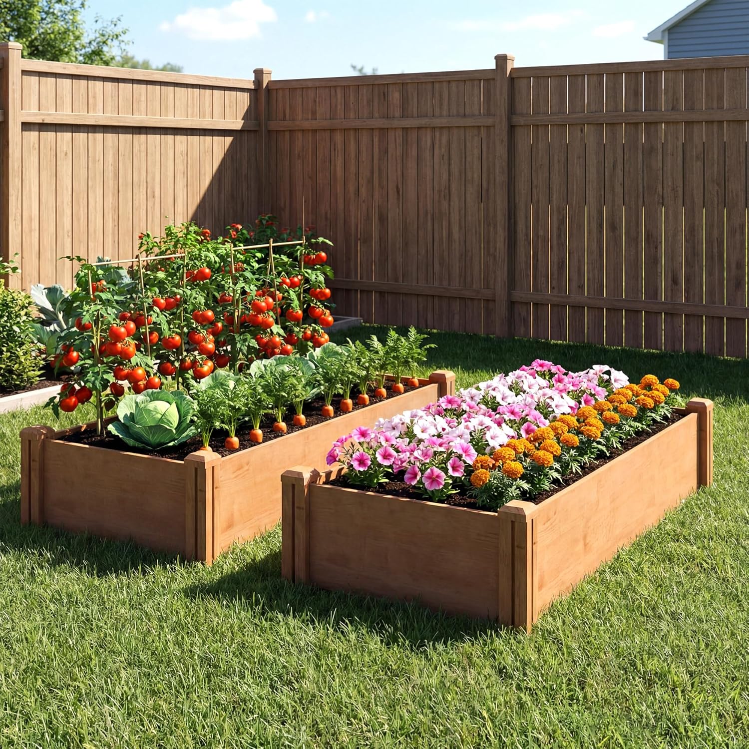 Outsunny Square Wooden Vegetable Garden 234 x 109 x 25 cm – Raised Garden Bed with 4 Growing Zones – Open Bottom Outdoor Planter with No Tools Assembly for Vegetables, Flowers, Light Brown