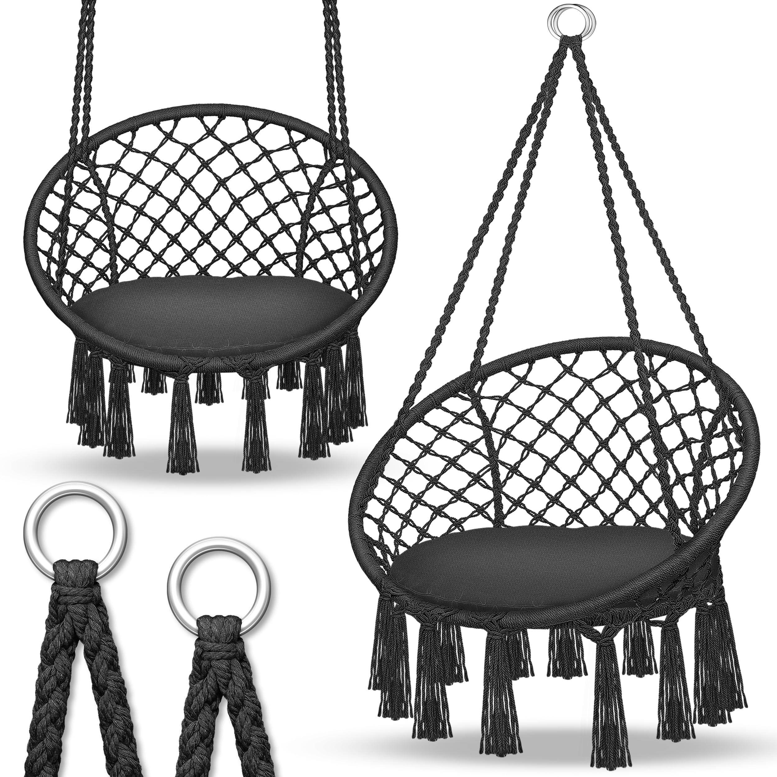 tillvex Hammock Hanging Chair 200 kg | Fringed Relax Chair - Indoor and Outdoor | Hammock with Comfortable Seat Cushions | Suspension Kit