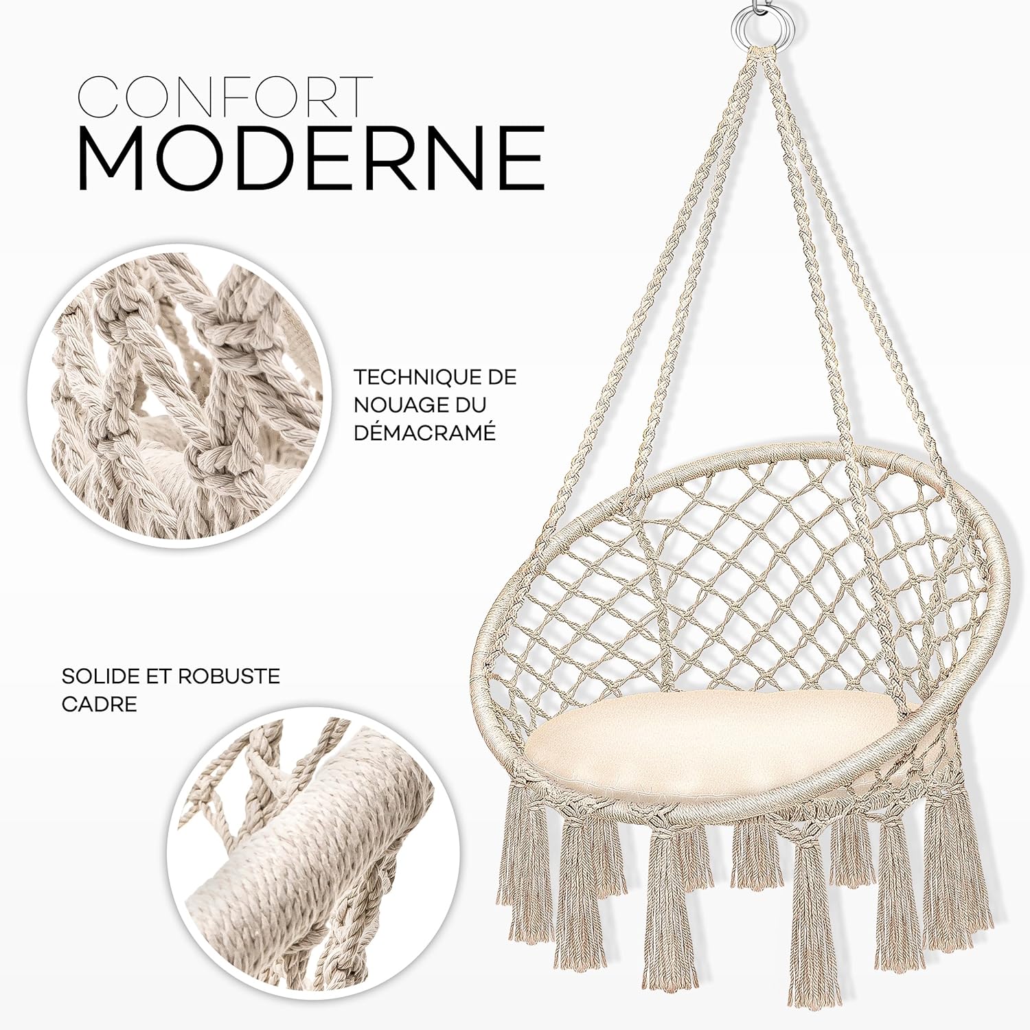 tillvex Hammock Hanging Chair 200 kg | Fringed Relax Chair - Indoor and Outdoor | Hammock with Comfortable Seat Cushions | Suspension Kit