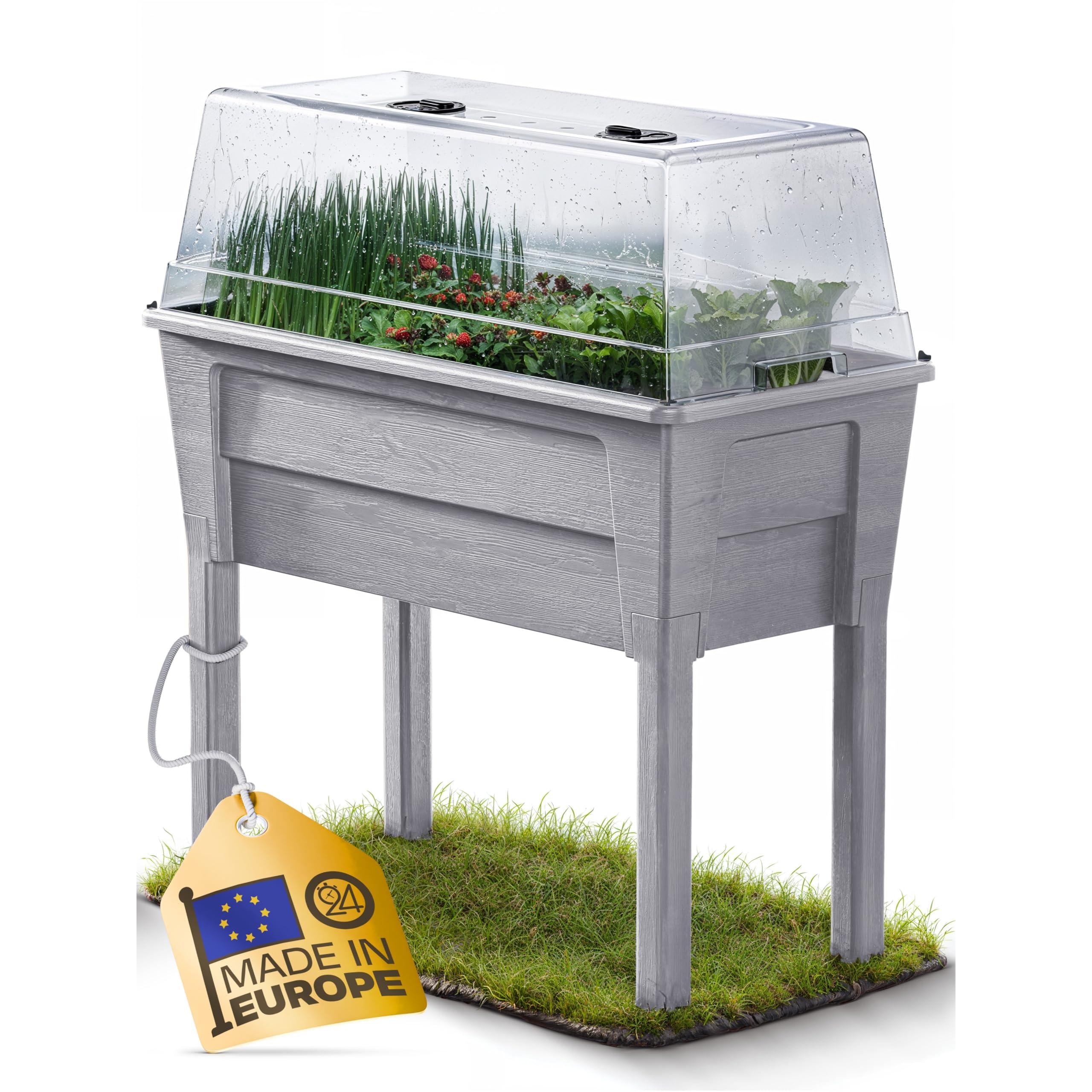 Ondis24 Victoria Balcony Garden Planter with Greenhouse, 50 L Volume, Water Tank, Drip Irrigation, Removable Feet, Suitable for Outdoor Use (Brown)