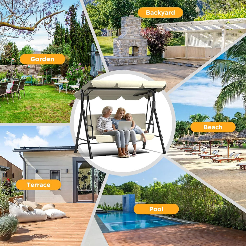 Ergonomic 3 Seater Swing Chair with Adjustable Roof, Garden Swing with Non-Slip Feet, Stable Metal Frame, Water Resistant, Outdoor Swing for Patio and Garden, Beige