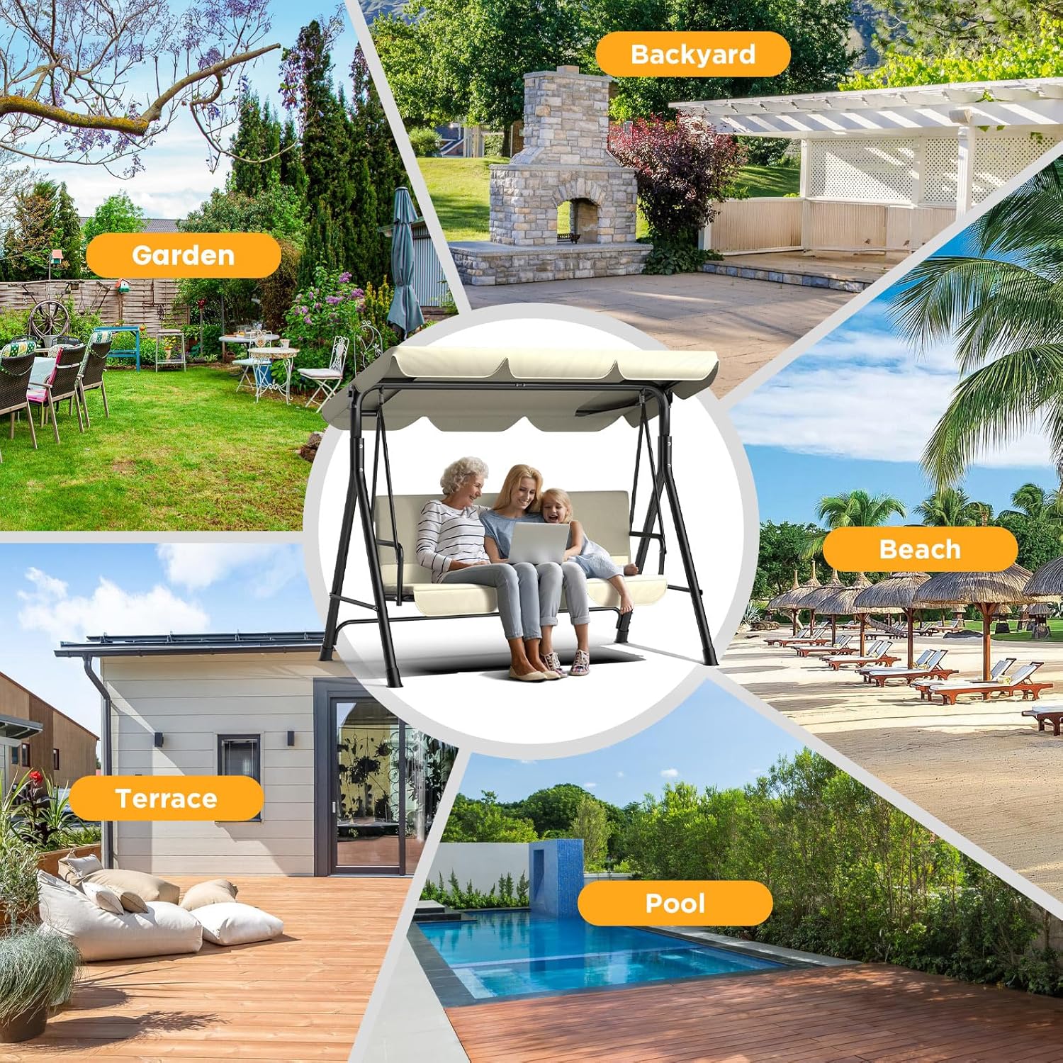 Ergonomic 3 Seater Swing Chair with Adjustable Roof, Garden Swing with Non-Slip Feet, Stable Metal Frame, Water Resistant, Outdoor Swing for Patio and Garden, Beige