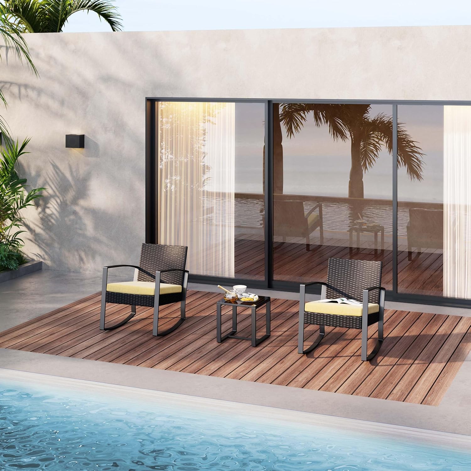 Bealife 3 Piece Garden Furniture Set with 2 Rocking Chairs and Coffee Table - Poly Rattan Chairs with Cushions Garden Furniture for Balcony Patio - Beige