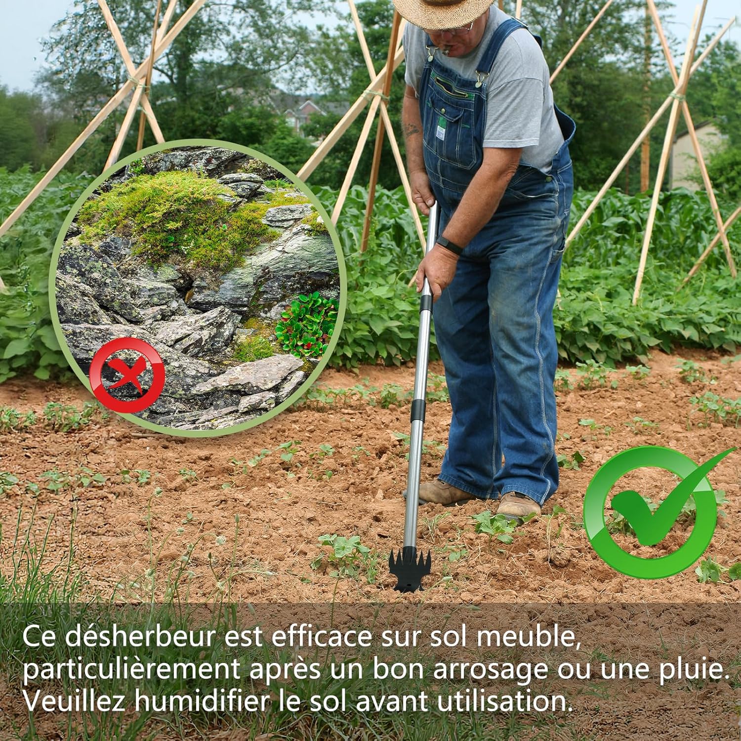 Garden Hoe with Long Handle (148 cm), Garden Tools with Hoe and Weeding Rake, Manual Weeder, Garden Hoe with 6 Claws for Furnishing, Aerating and Weeding the Soil