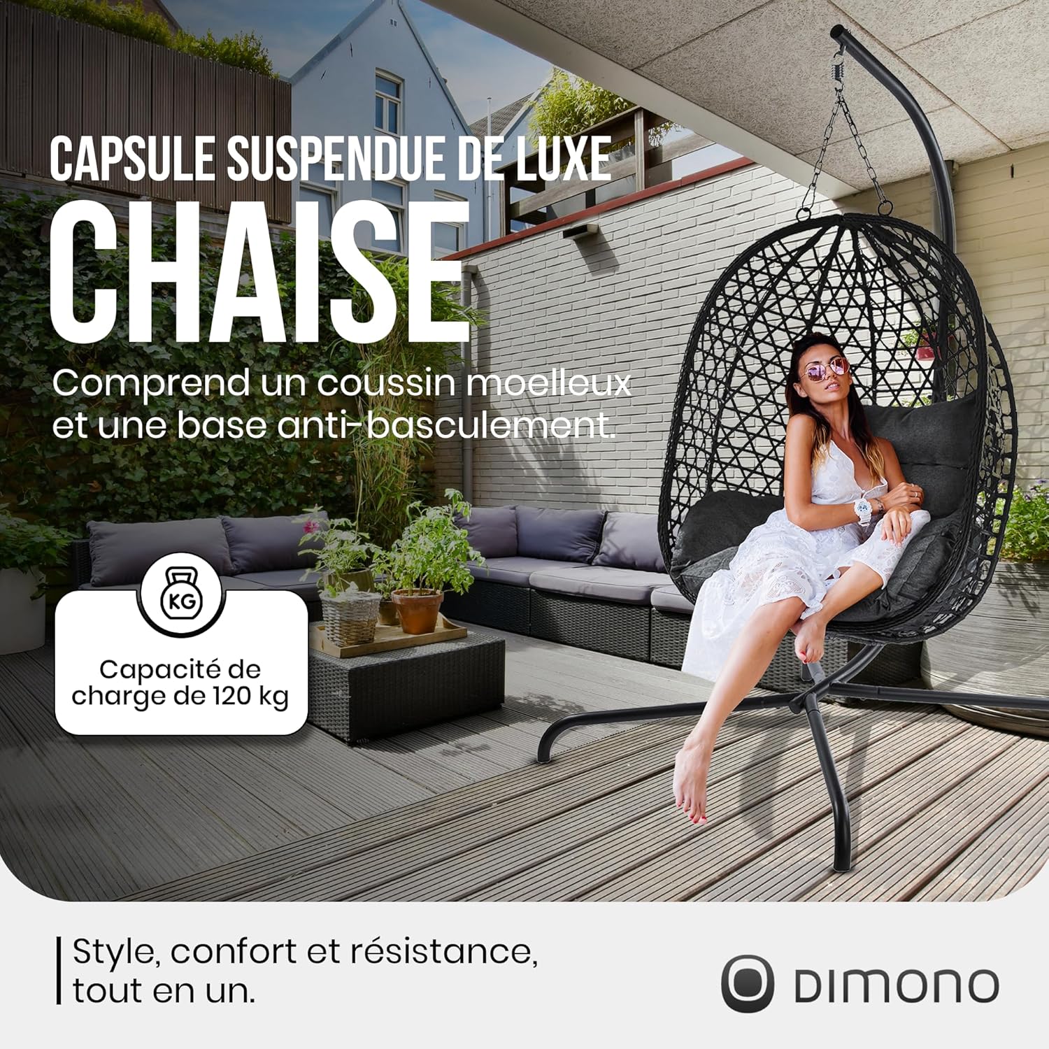 Hanging Chair with Stand, Rattan Relaxation Chair, Outdoor & Indoor, Egg Swing Ideal for Garden, Patio, Reading Corner UVM, Load Capacity of 120 kg (Grey)