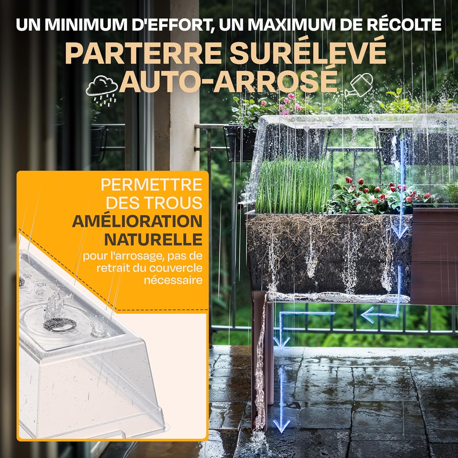 Ondis24 Victoria Balcony Garden Planter with Greenhouse, 50 L Volume, Water Tank, Drip Irrigation, Removable Feet, Suitable for Outdoor Use (Brown)