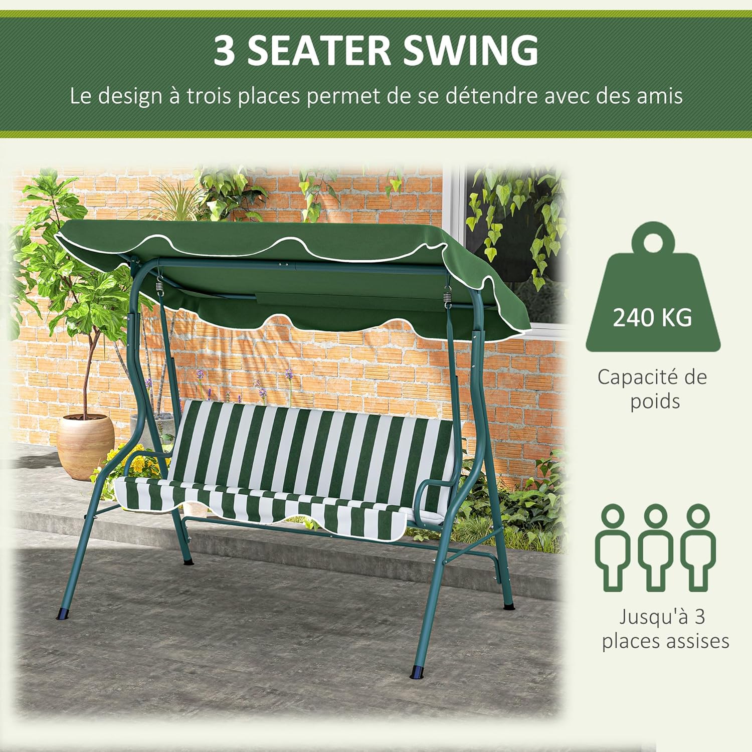 Outsunny Garden Swing Seat with 3 Seater Waterproof Roof Adjustable Tilt Cushions Seat Back 1.7L x 1.1W x 1.53H m Steel Polyester Green White Striped
