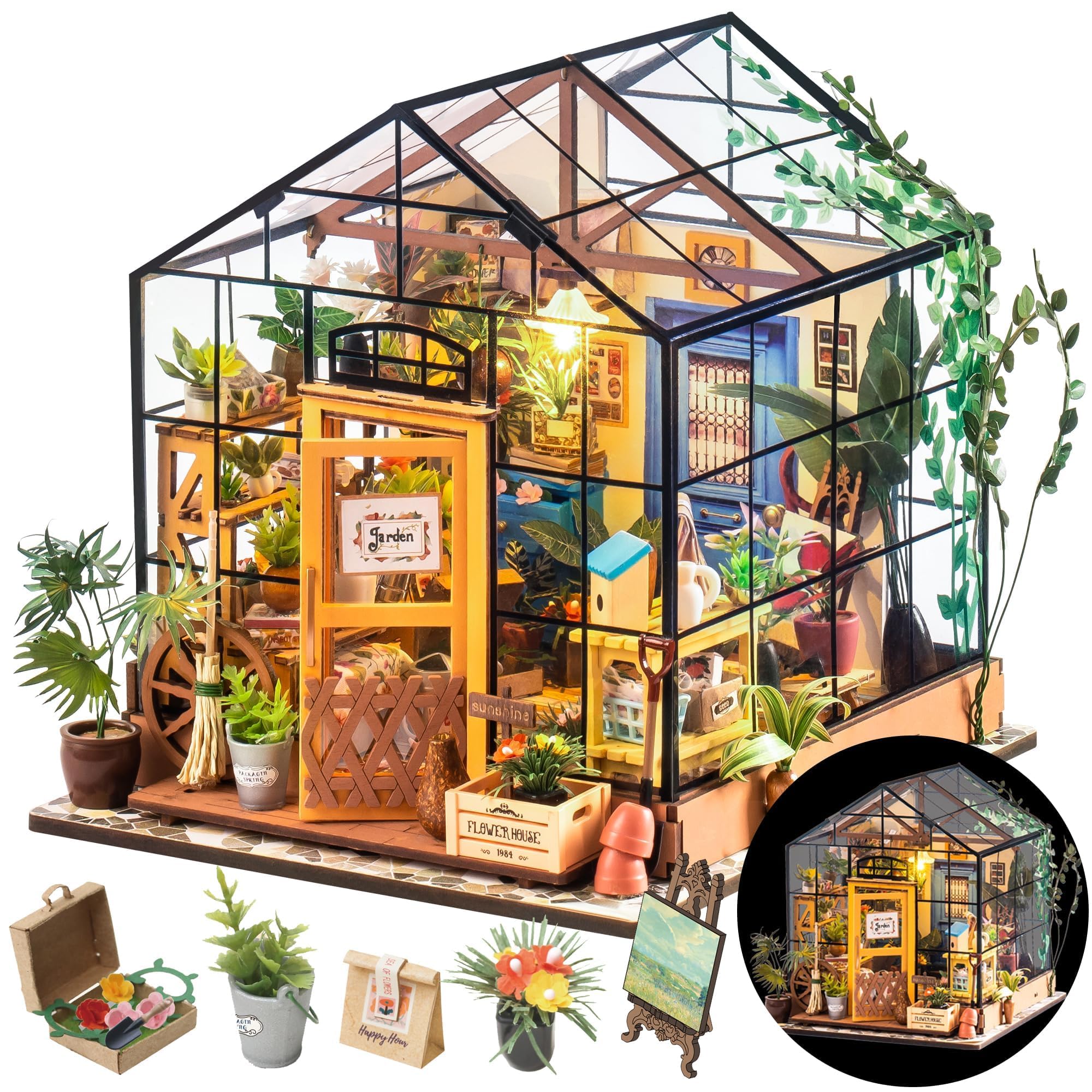 ROWOOD Mini Flower House of Cathy Miniature Doll Greenhouse, Wood, DIY Model, Birthday Gift for Adult Women Girls