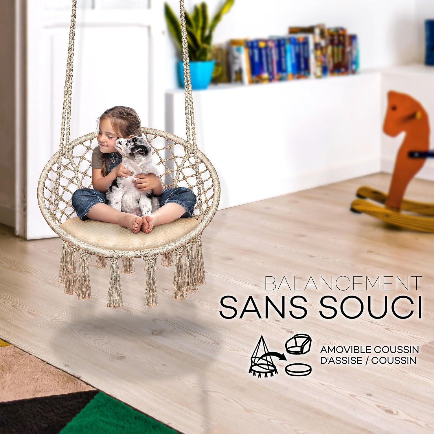 tillvex Hammock Hanging Chair 200 kg | Fringed Relax Chair - Indoor and Outdoor | Hammock with Comfortable Seat Cushions | Suspension Kit