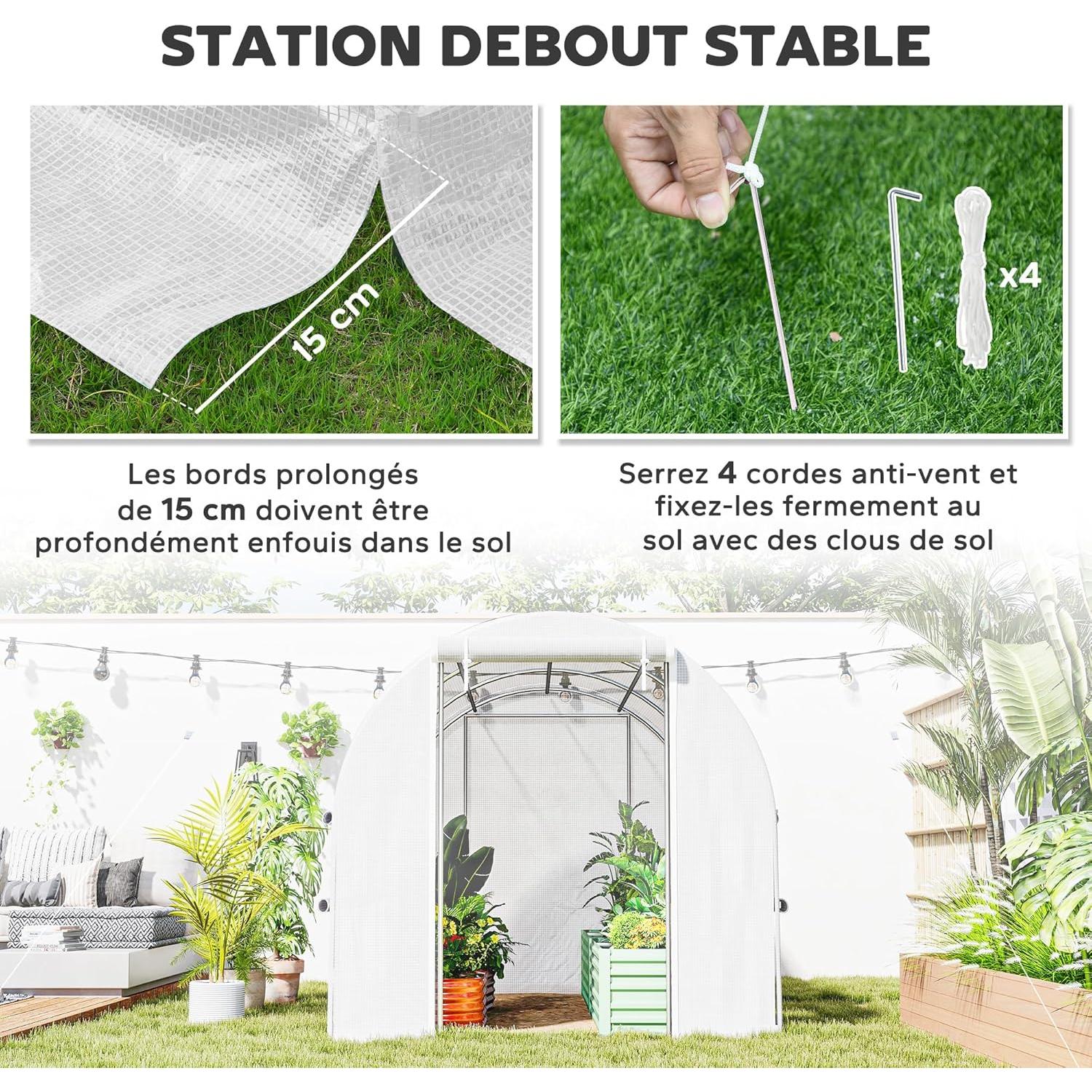 Outsunny Tunnel Garden Greenhouse, 6 m² Greenhouse Tunnel with 6 Windows and 1 Roll-Up Door, Polyethylene Canvas, Galvanised Steel Structure, White
