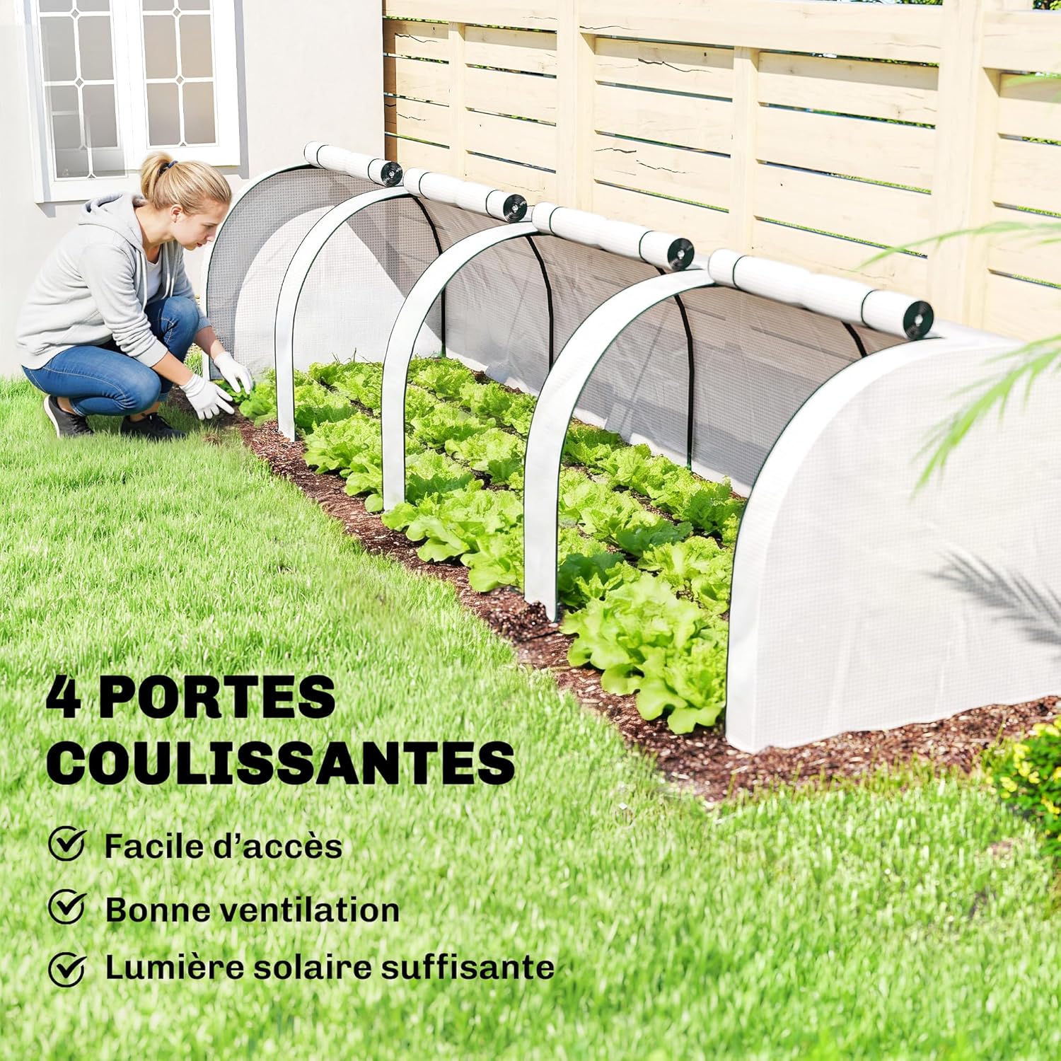 Outsunny Mini Garden Greenhouse Mini Greenhouse Tunnel Tomato Greenhouse 4 x 1 x 0.8 m High Density PE Steel 140 g/m² Anti-UV 4 Doors with Roll-Up Zip White