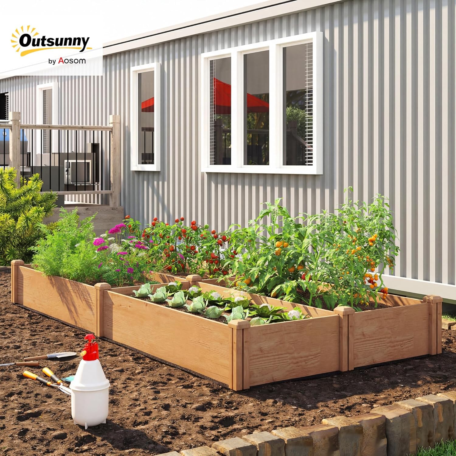 Outsunny Square Wooden Vegetable Garden 234 x 109 x 25 cm – Raised Garden Bed with 4 Growing Zones – Open Bottom Outdoor Planter with No Tools Assembly for Vegetables, Flowers, Light Brown