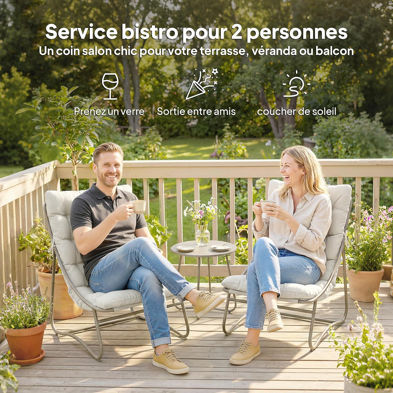 Outsunny - 3 Piece Bistro Lounge for 2 People, Round Table and Outdoor Chairs with Textilene Seat and Cushions, Metal Garden Furniture for Patio and Balcony, Light Grey