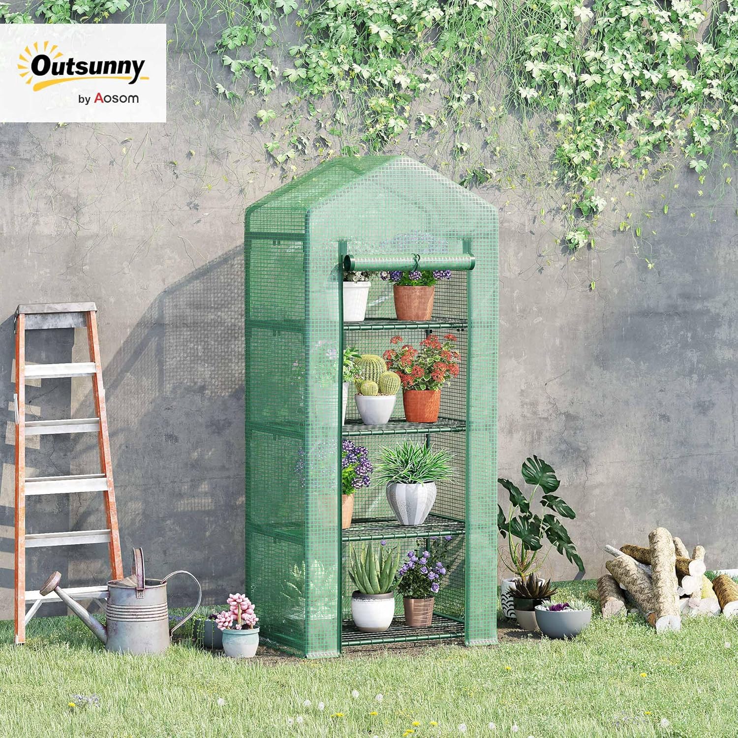 Outsunny PE Garden Greenhouse with Shelves 4 Levels, Balcony Greenhouse, Reinforced Tarpaulin 140 /m², Steel Frame, Roll-Up Zip Door, for Vegetables Plants, Indoor Outdoor, 70 x 50 x 160 cm, Green