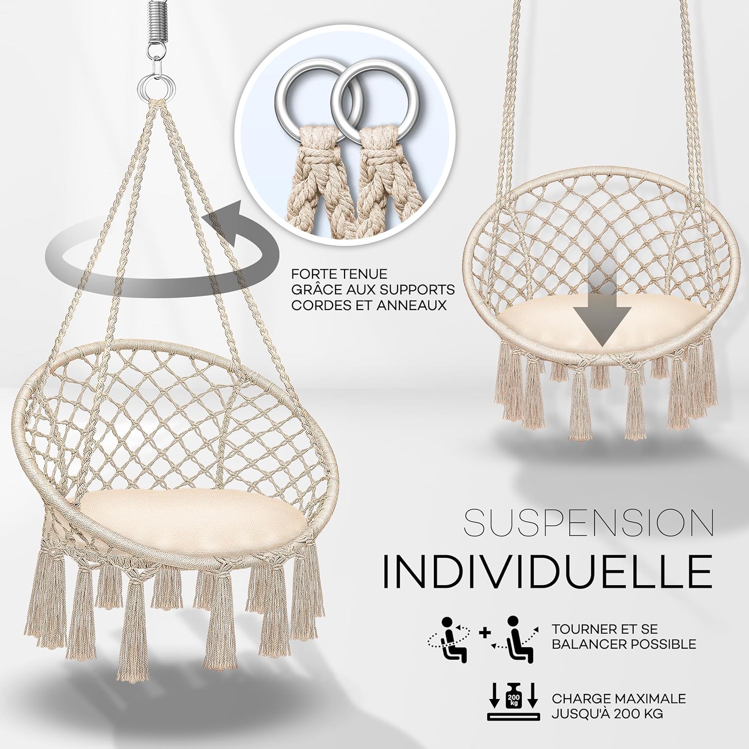 tillvex Hammock Hanging Chair 200 kg | Fringed Relax Chair - Indoor and Outdoor | Hammock with Comfortable Seat Cushions | Suspension Kit