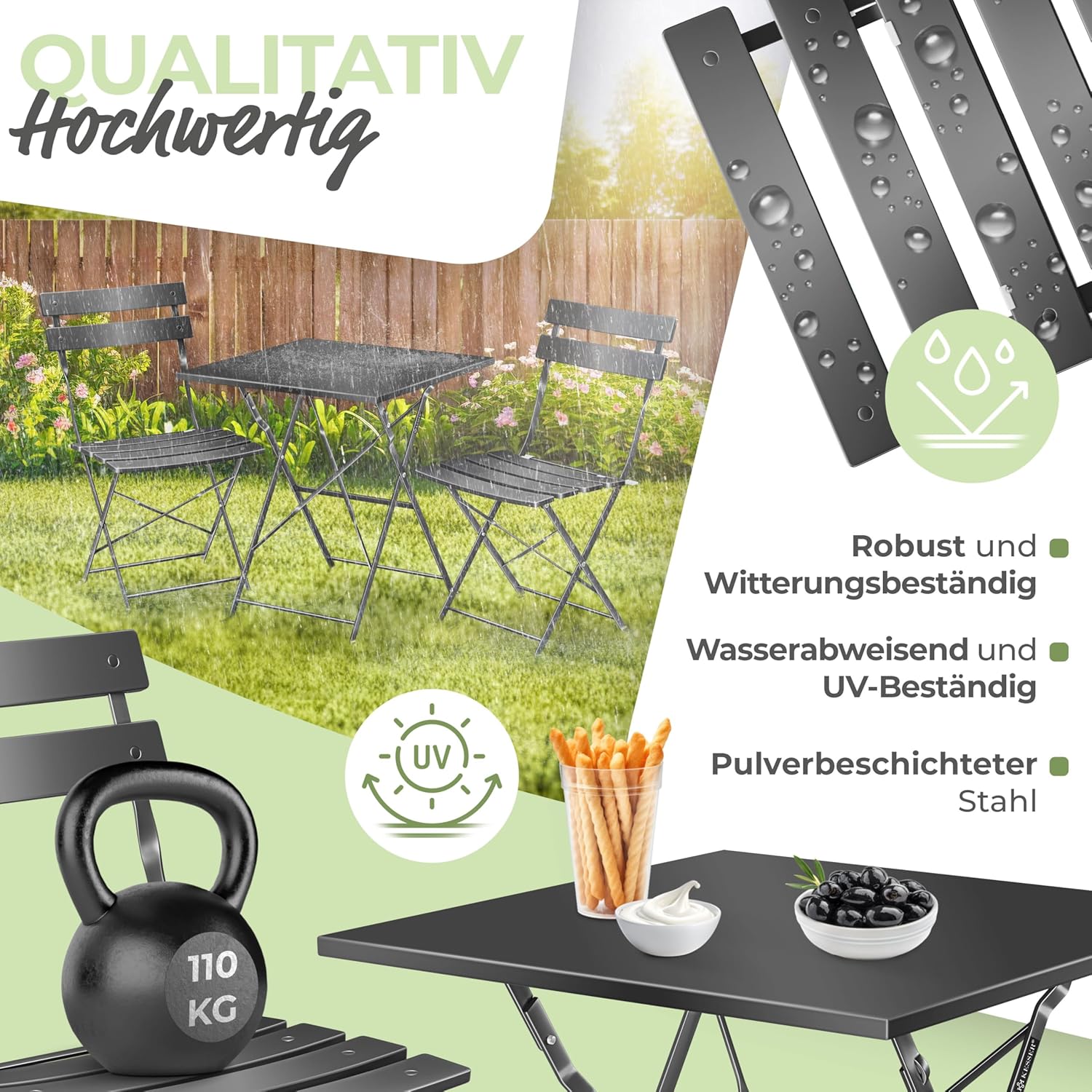 KESSER Bistro Set 3 Piece Table and 2 Folding Chairs | Outdoor Garden Furniture Table UV and Weather Resistant | Balcony Set