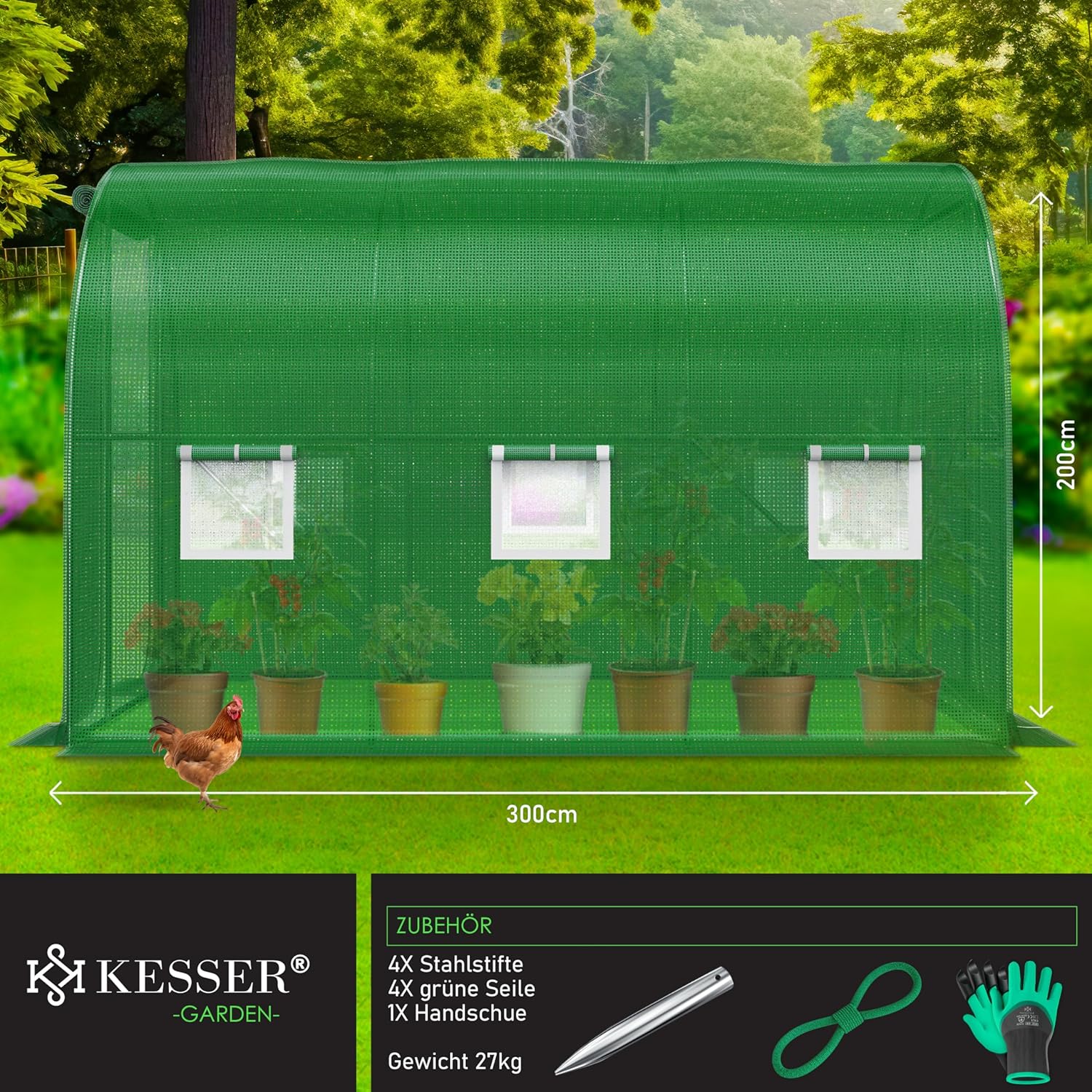 KESSER® Stable film greenhouse with 6 windows with mosquito net and door, garden tunnel with galvanised steel frame, 170 g/m² film tunnel with ground anchors, gloves and ropes, 200 x