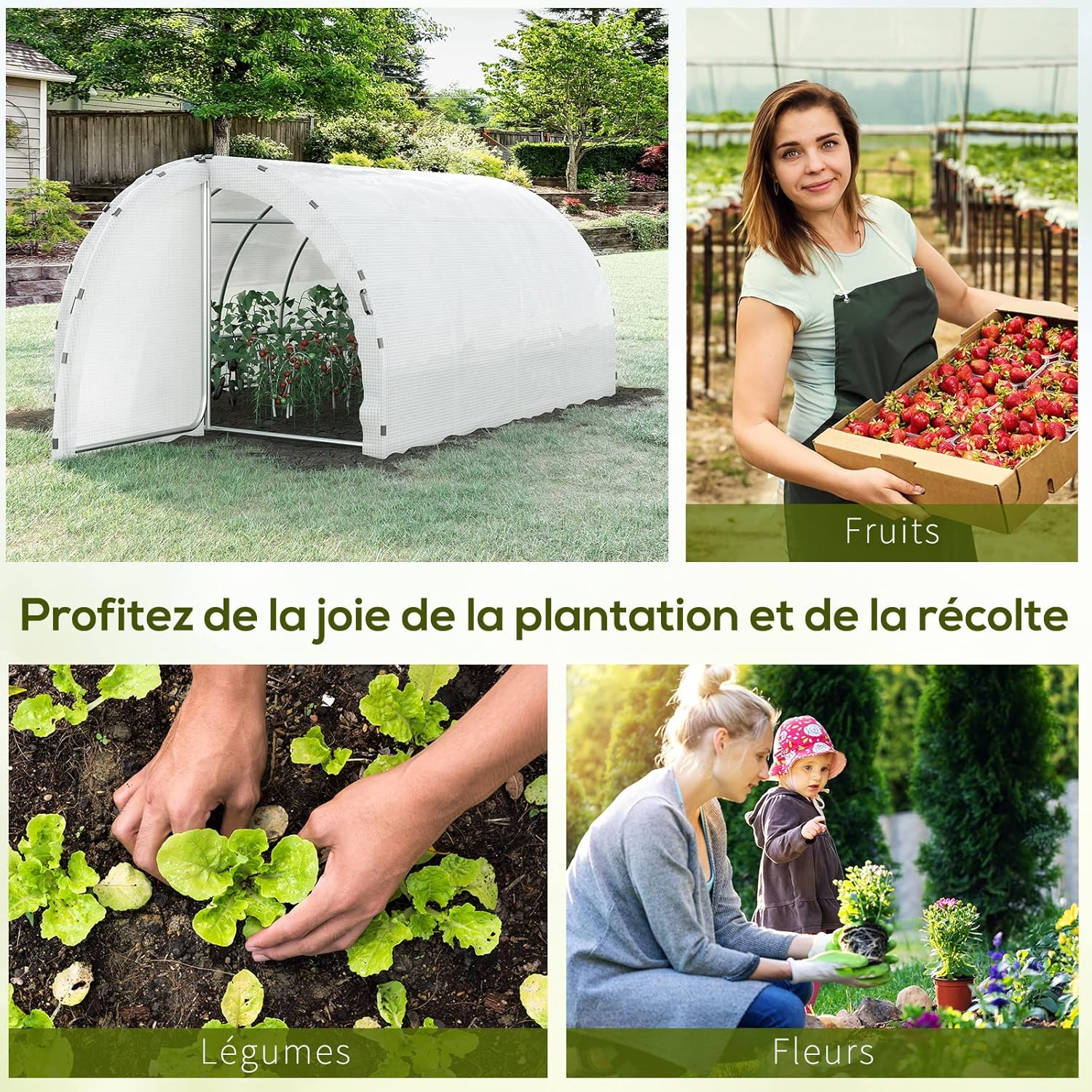 Outsunny Garden Greenhouse Tunnel Ground Surface 12 m² 4L x 3W x 2H m Reinforced Tubular Frame 25 mm Double Door with Handles White