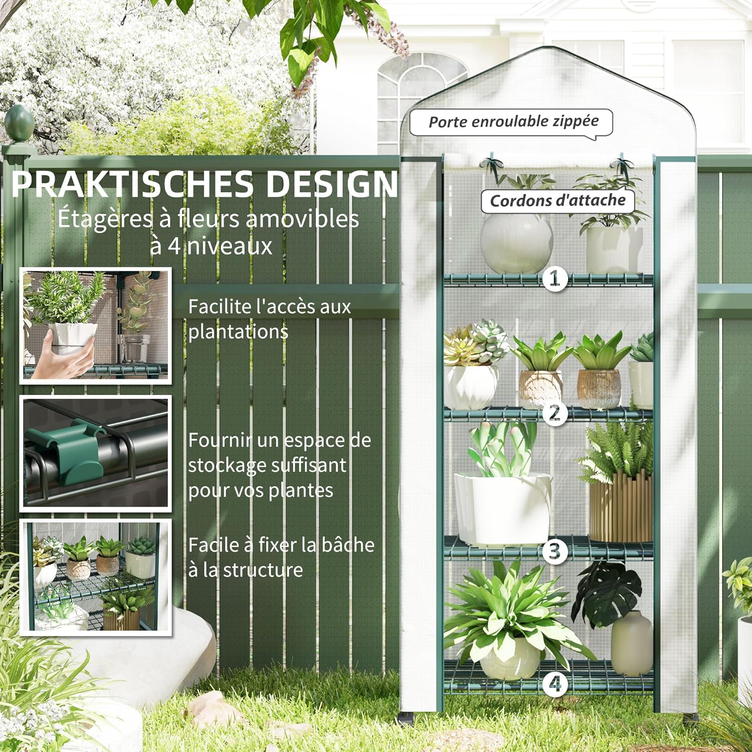 Outsunny Garden Greenhouse with Shelves 4 Levels, Balcony Greenhouse, Reinforced Tarpaulin, Steel Frame, Zip Door, for Vegetables Plants Flowers, Indoor and Outdoor, 69 x 50 x 165 cm, White