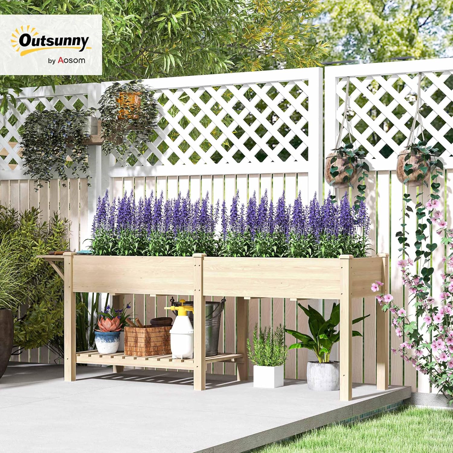 Outsunny Square Garden Planter on Legs, 2 Trays with Divider, Foldable Shelf and Lower Shelf, Wooden Raised Vegetable Garden for Flowers, 207 x 59 x 78 cm, Natural Wood