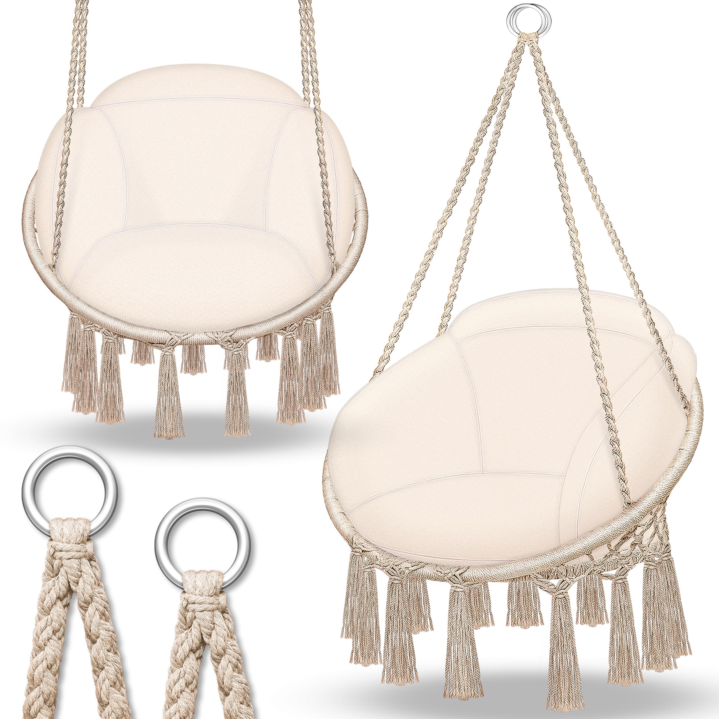 tillvex Hammock Hanging Chair 200 kg | Fringed Relax Chair - Indoor and Outdoor | Hammock with Comfortable Seat Cushions | Suspension Kit