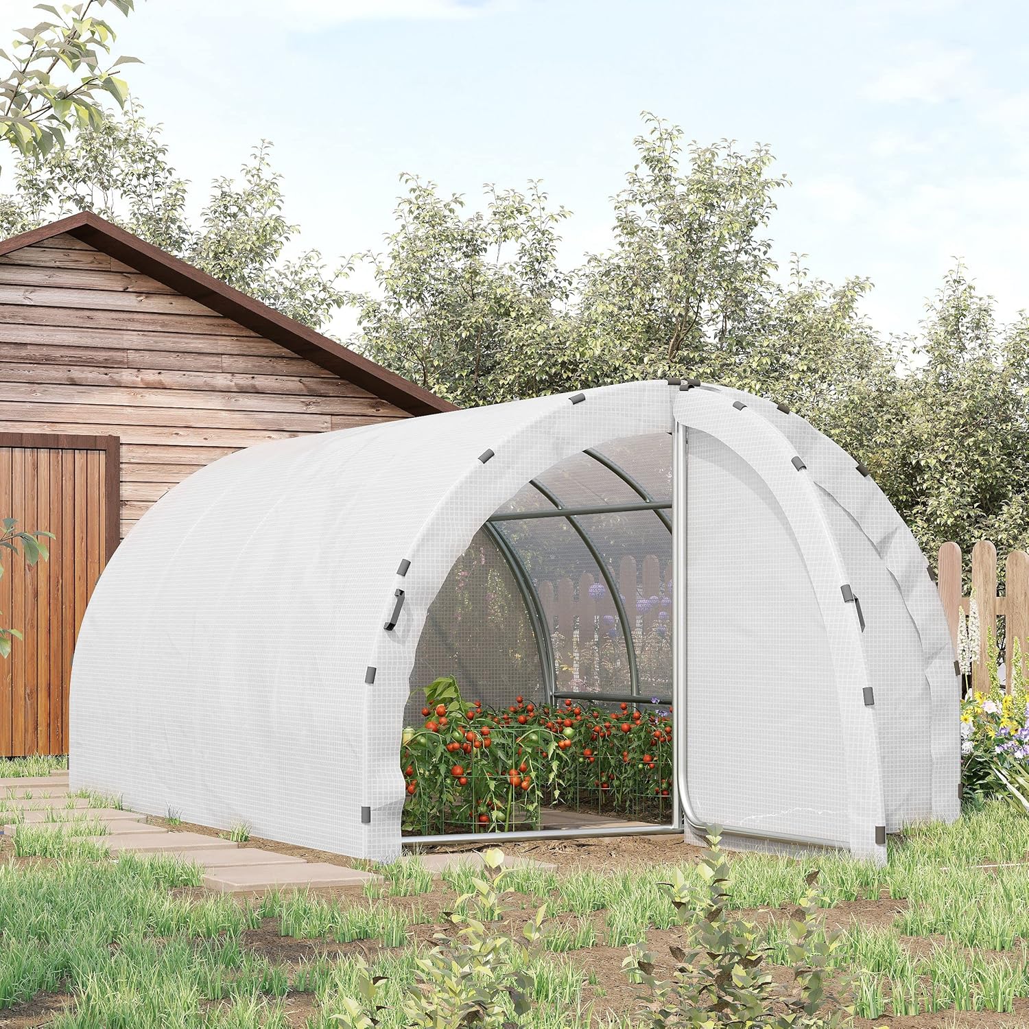 Outsunny Garden Greenhouse Tunnel Ground Surface 12 m² 4L x 3W x 2H m Reinforced Tubular Frame 25 mm Double Door with Handles White