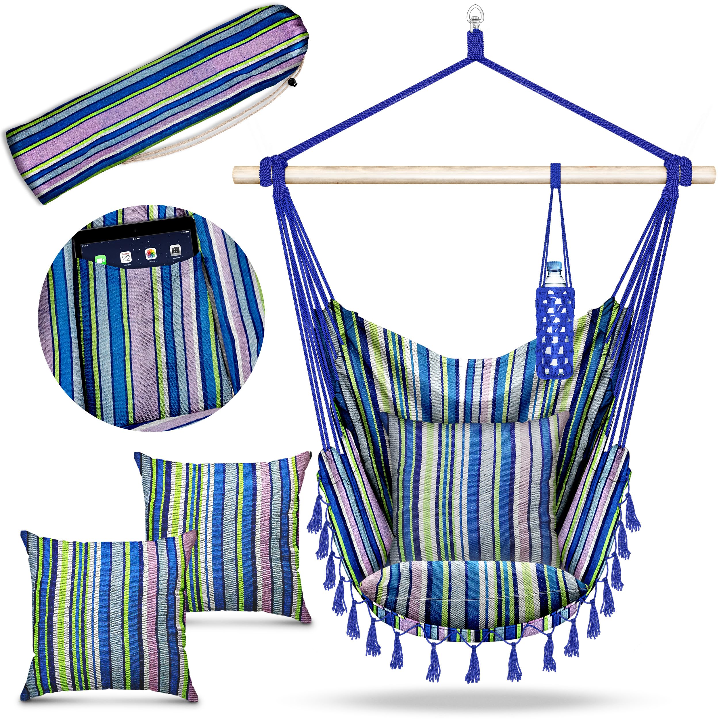 tillvex Hammock Hanging Chair 200 kg | Fringed Relax Chair - Indoor and Outdoor | Hammock with Comfortable Seat Cushions | Suspension Kit